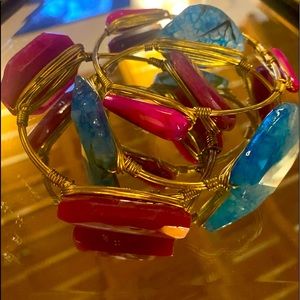 Bourbon and Bowties Bangles Gold Turquoise and Pink Stones - Set of 3 Bracelets